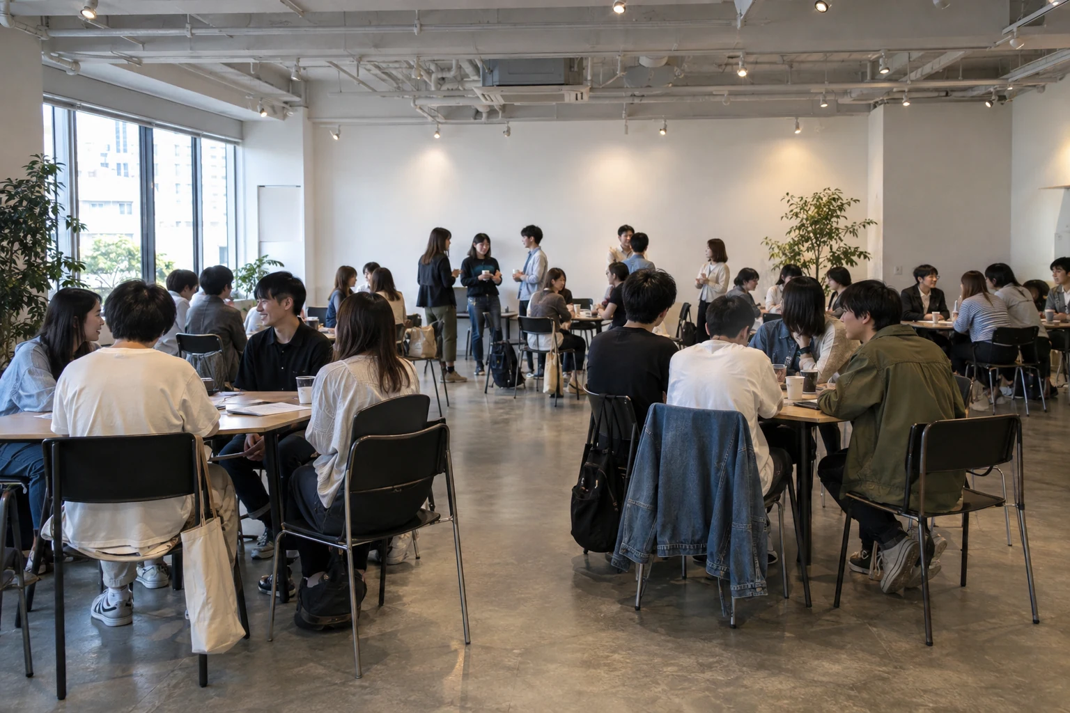私服の大学生がテーブルを囲んで交流するイベントの会場風景